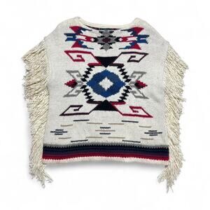 Lauren Ralph Lauren Vintage Y2k Cotton Knit Aztec Fringe Poncho Sweater Large